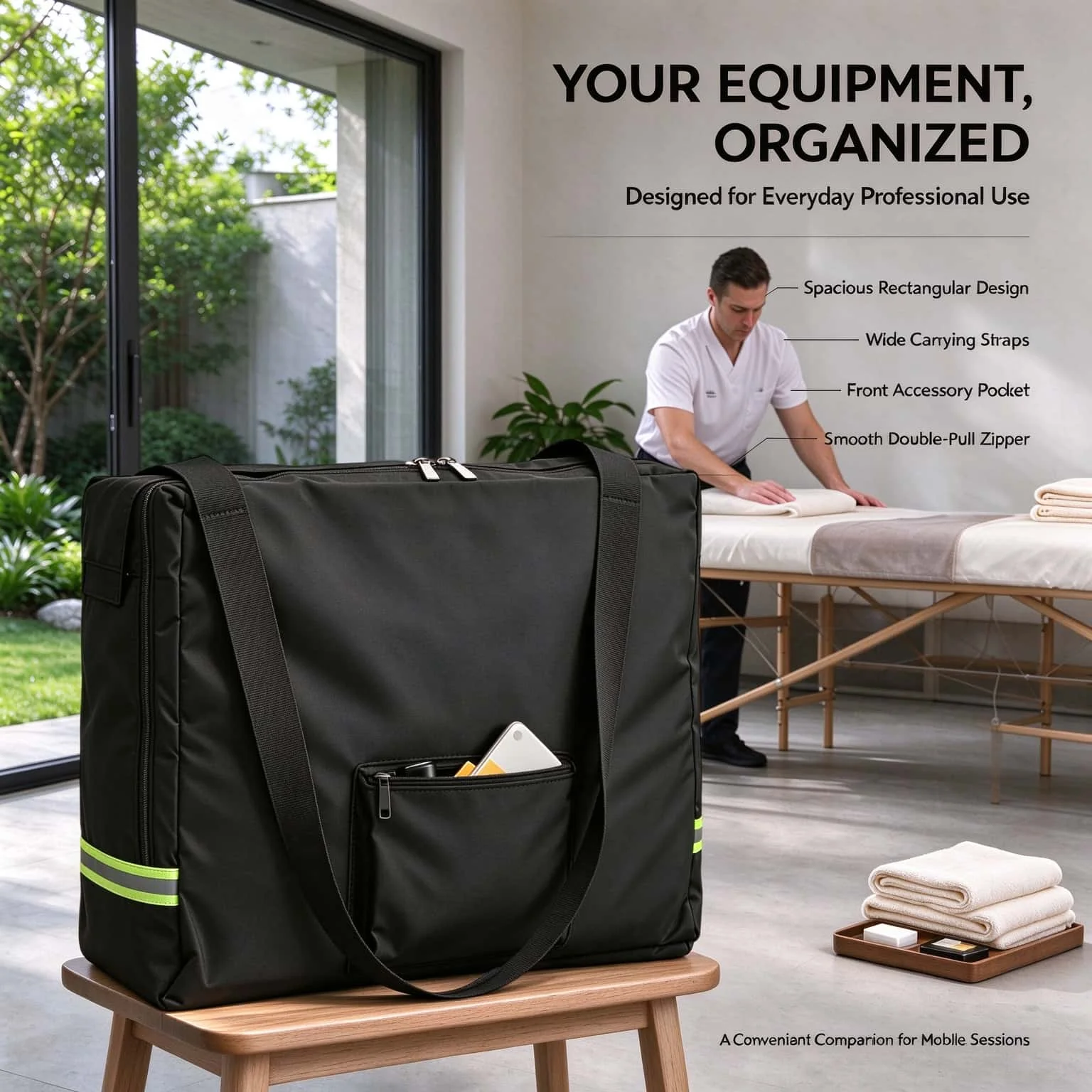 Portable Massage Table Storage Bag Black 420D Oxford Carry Bag with Reflective Strap Pocket for Folding Spa Massage Bed