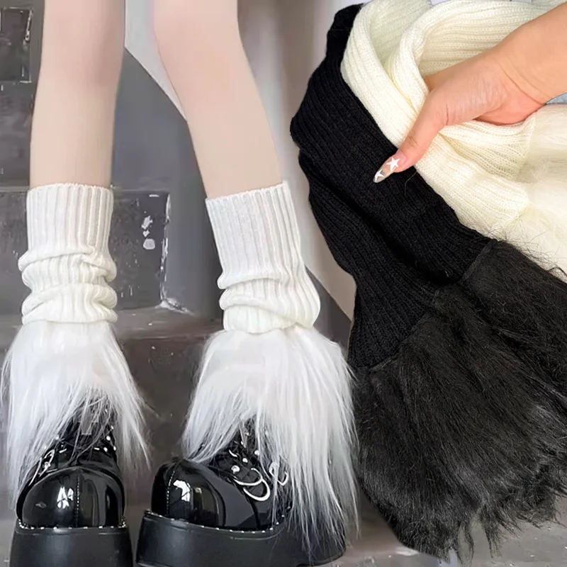 

Japanese Subculture Thickened Ribbed Knit Sock Cuffs Y2K Style Faux Fur Leg Warmers Cover Knee-High Winter Accessories for Women