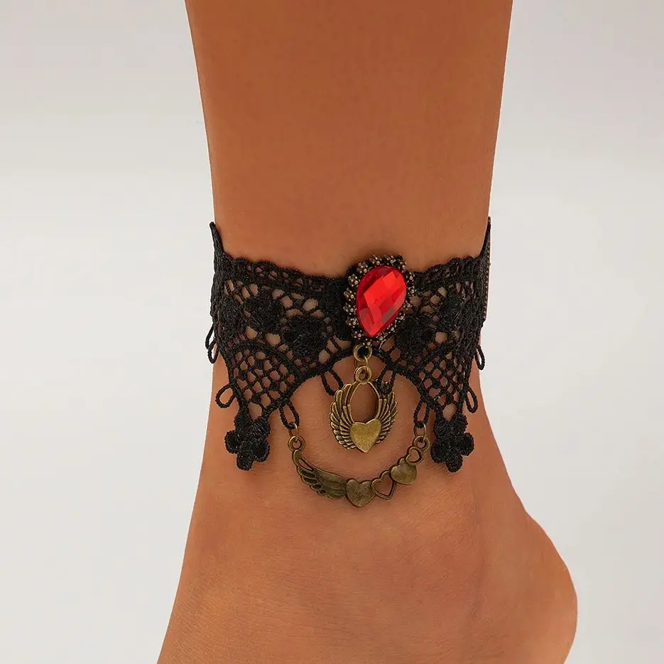 PuRui Trendy Black Lace Anklet Chain Red Stone Heart Shape Pendant For Women Adjustable Metal Foot Chain Barefoot Jewelry Gift