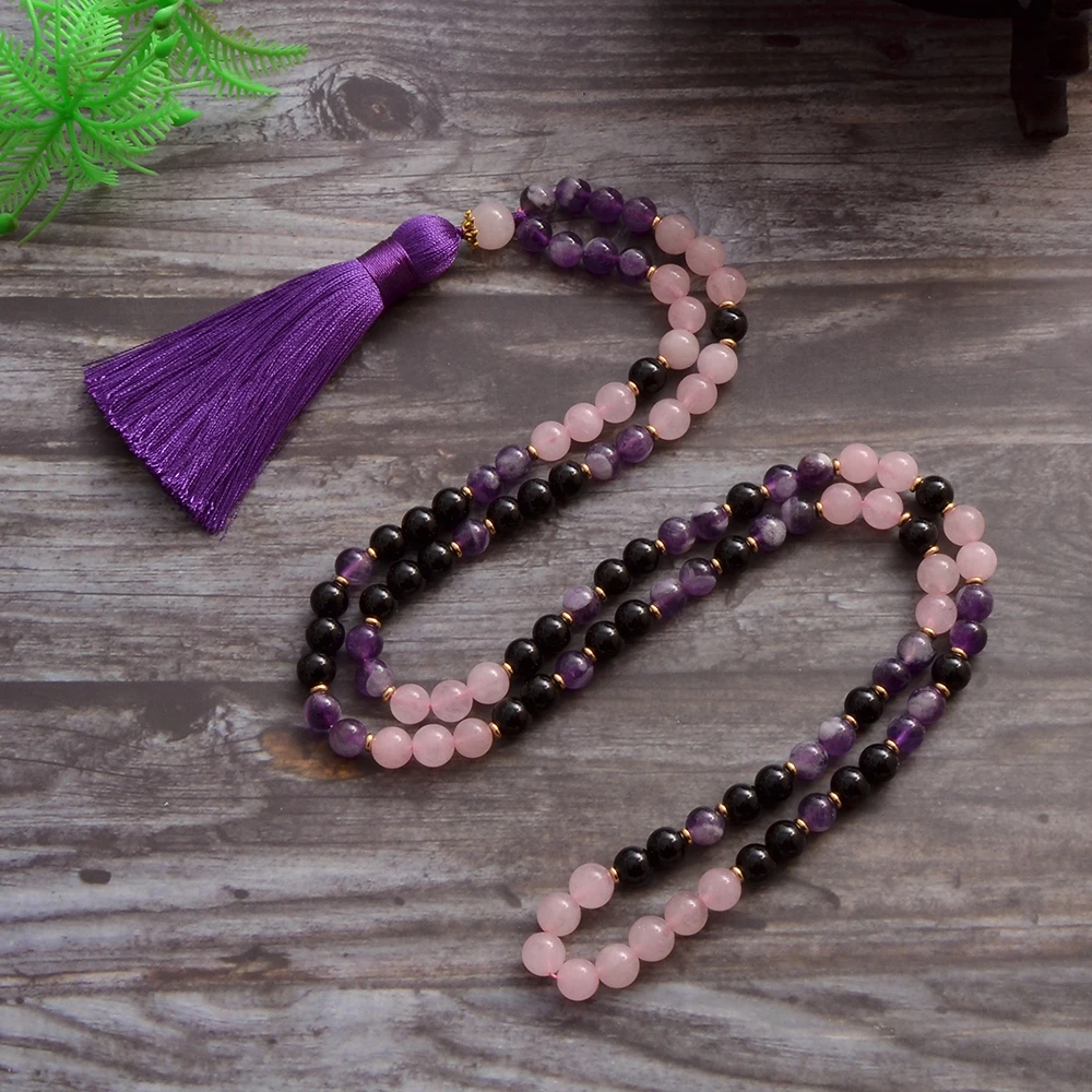 8mm Natürliche Amethyst Schwarzer Onyx Rosenquarz Perlen 108 Mala Halskette Meditations-Yoga-Gebets-Schmuck Japamala Rosenkranz-Set für Frauen – Detail 2