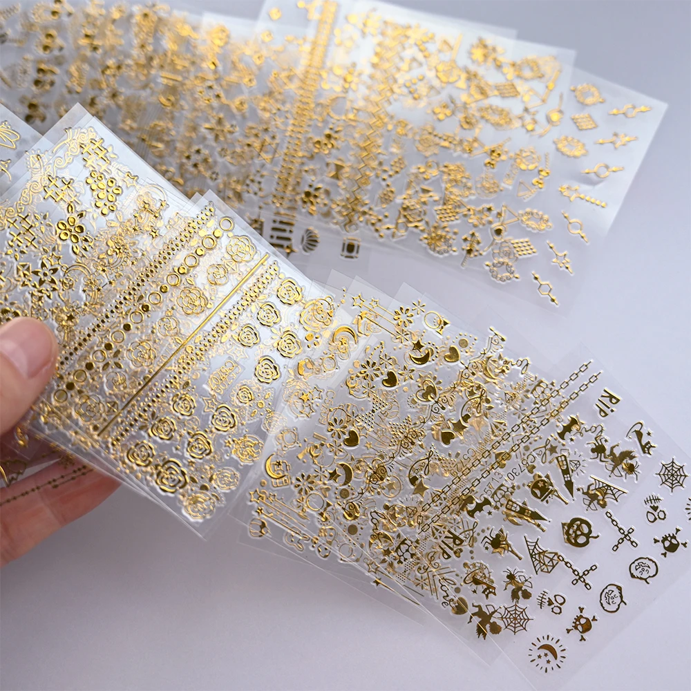 30Pcs Deluxe Gold Nail Art Stickers - Easy 3D Self-Adhesive Decals with Elegant Golden Lines & Celestial Stars Perfect for Nails