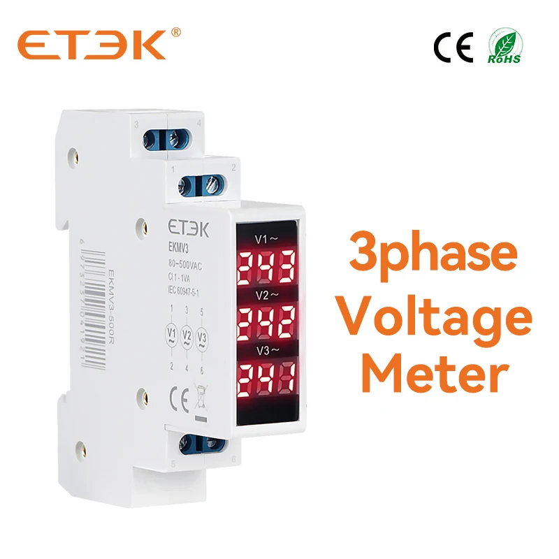 Modułowy woltomierz cyfrowy 3ph 80-500v miernik napięcia AC ETEK szyna Din Voltagemeter detektor trzy-wyświetlacz EKMV3-500R moduł