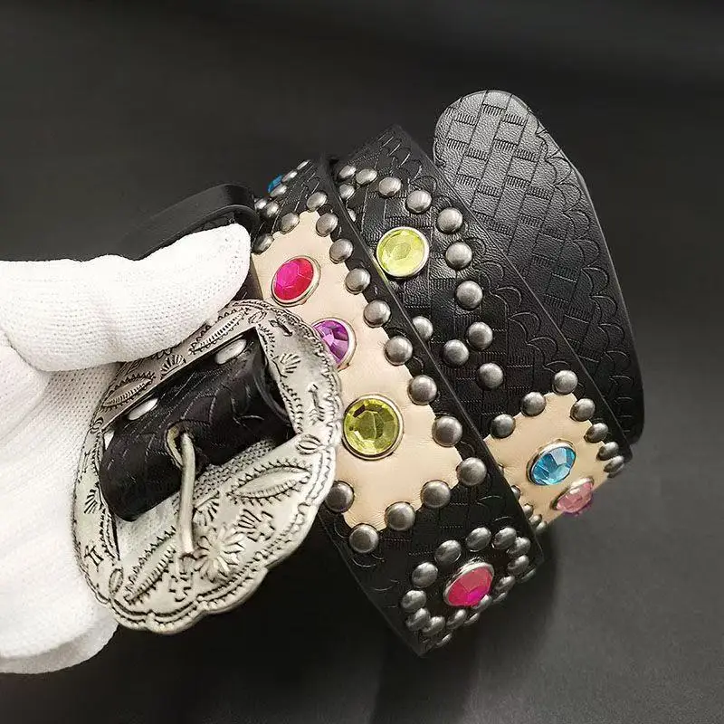 Metal Carved Rivet Belt with Rhinestones and Colored Stones Heavy-duty Leather Waist Belt High-texture Accessory Matte Starry