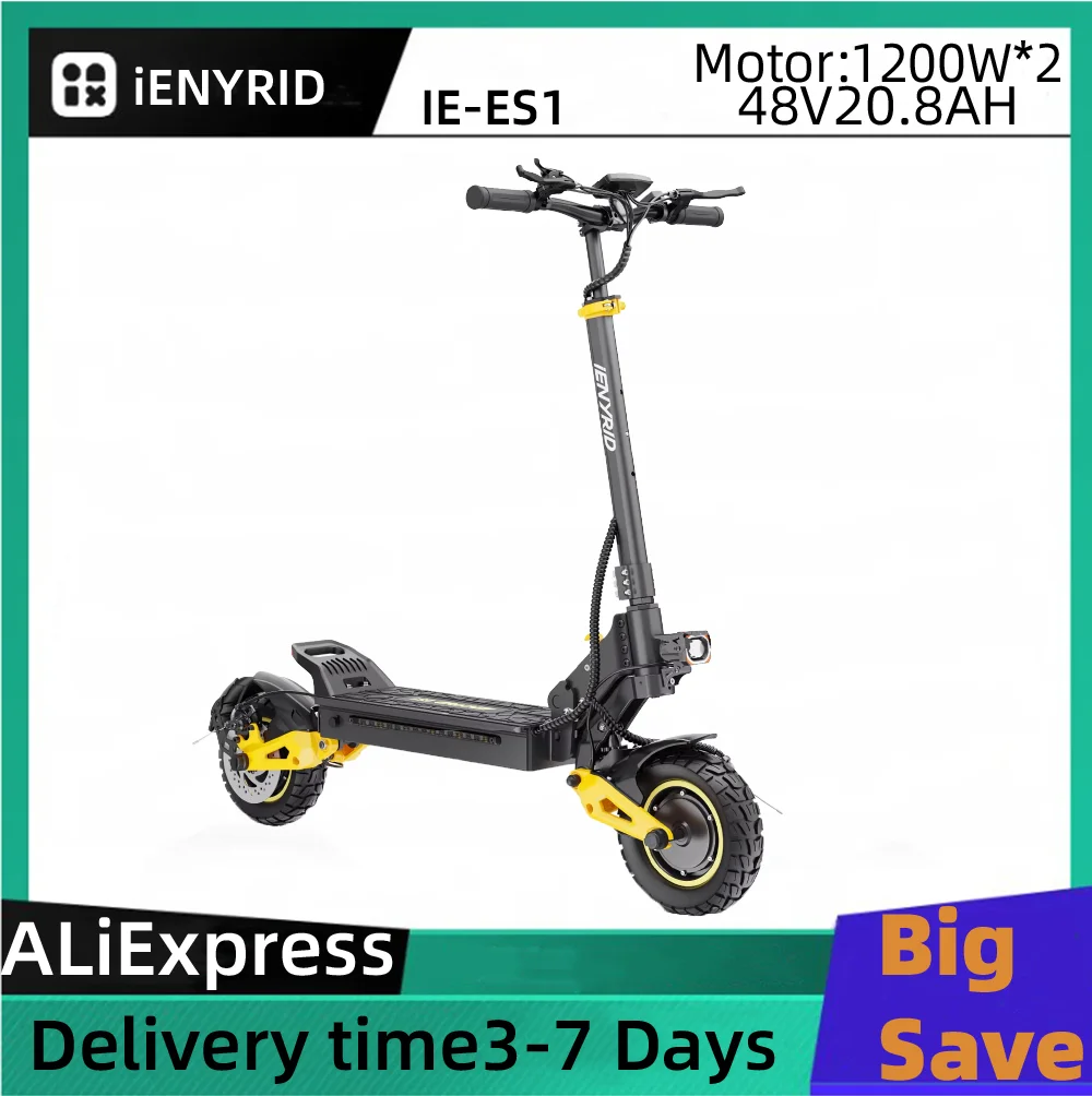 

Электросамокат iENYRID IE-ES1 для взрослых, складной, с двумя моторами по 1200 Вт, 10-дюймовыми широкими шинами, аккумулятором 48В 20.8Ач, электрический горный самокат.