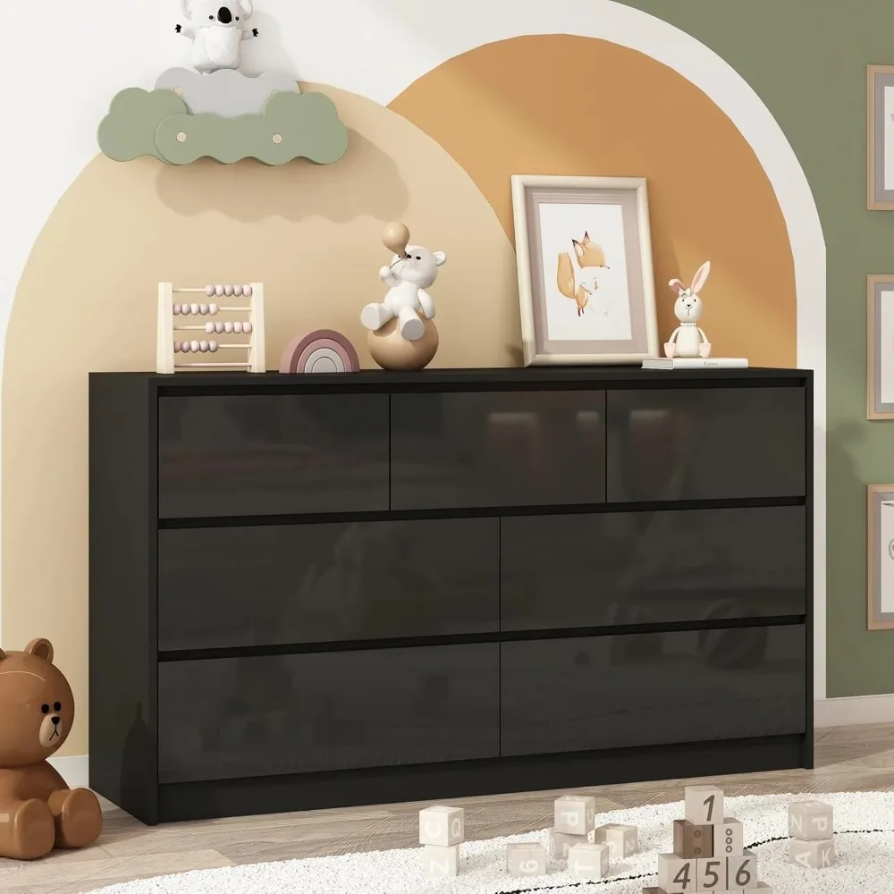 

7 Drawer Dresser for Bedroom, 55" Modern High Gloss Black Dresser with Wood Chest of Drawer Handle Free, Long Dresser