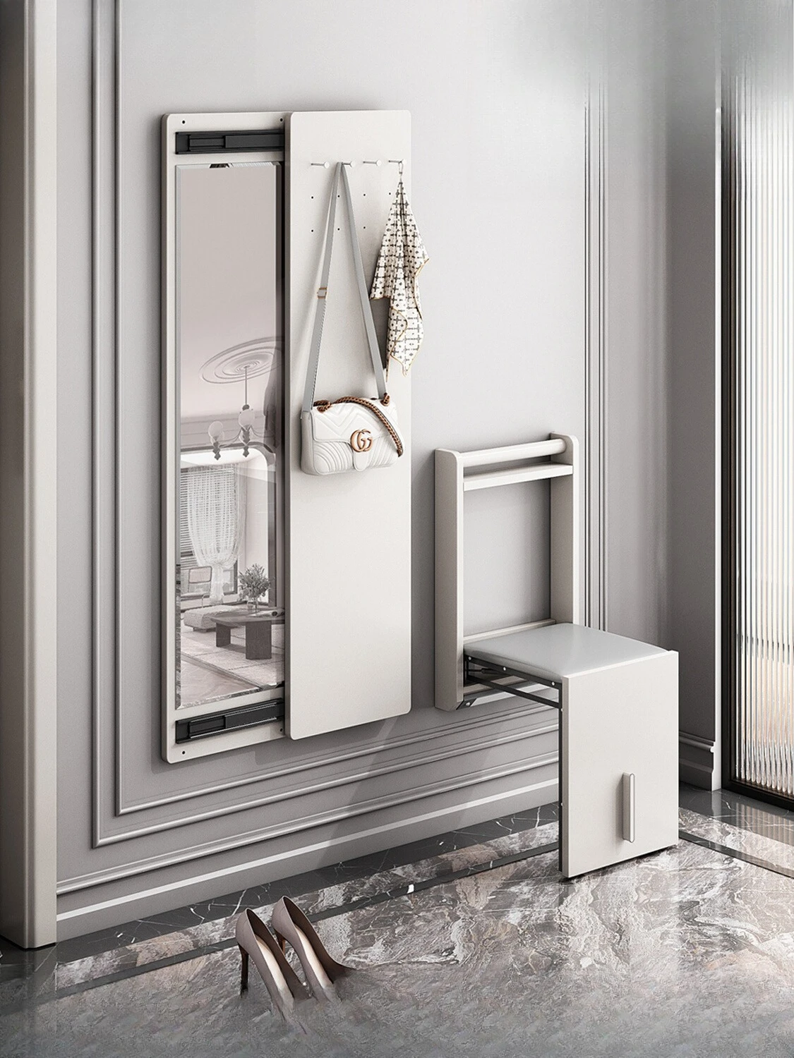 

Folding shoe changing stool intelligent ultra-thin entrance door combination wall-mounted door solid wood wall-mounted full-leng