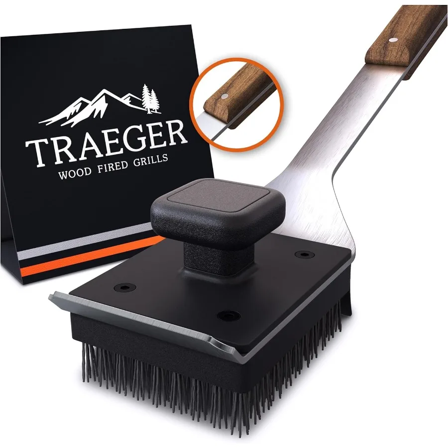 

Grills BAC537 BBQ Cleaning Brush for Outdoor Grill Stainless Steel Grill Scraper with Nylon Bristles Teak Wood Handle Dual Grip