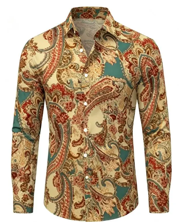 Retro Men Lapel Collar Shirt Beige‑Base Multi‑Tone Paisley Ornament Art Print Polyester Long‑Sleeve Blouse