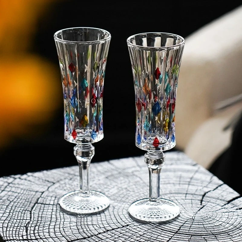 French Style Diamond Relief Glass High Footed Glass High Aesthetic Champagne Wine Cup Vintage Painted Glasses Commemorative Gift