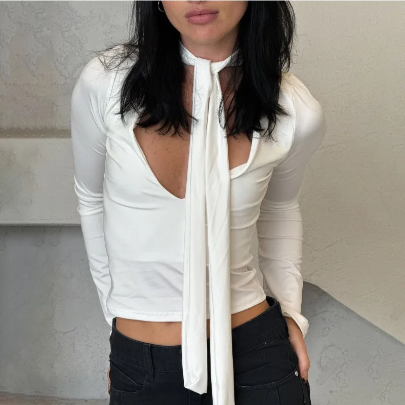 

Tuularose Sexy V-Neck T-Shirt Women Fashion Scarf Ribbon High-waisted Solid Long-Sleeved T-Shirt Autumn Streetwear New Top Women