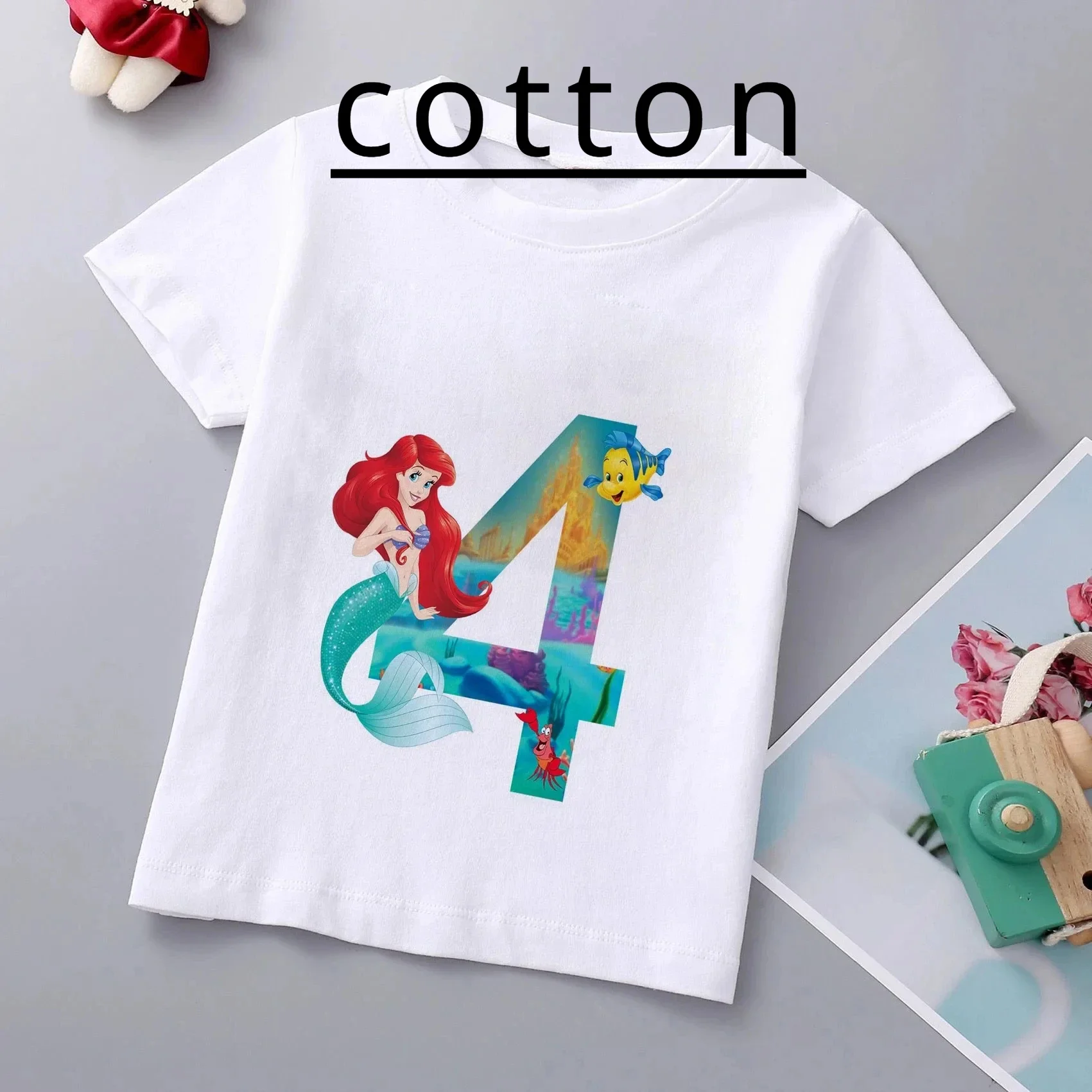 Mermaid Ariel Princess Print Children Clothes Brand Disney Girls Cotton T Shirt Cartoon Baby Tee Top 1-9 Year Kid Birthday Gift