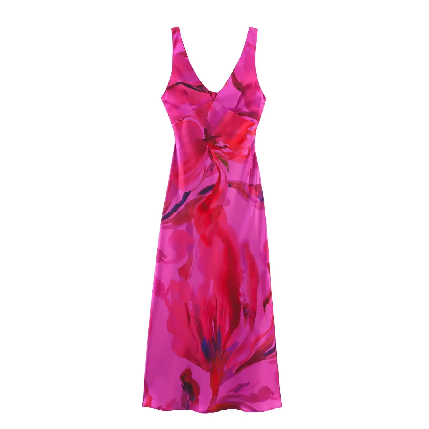  Summer new women's fashionable temperament printed V-neck silk satin texture MIDI dress