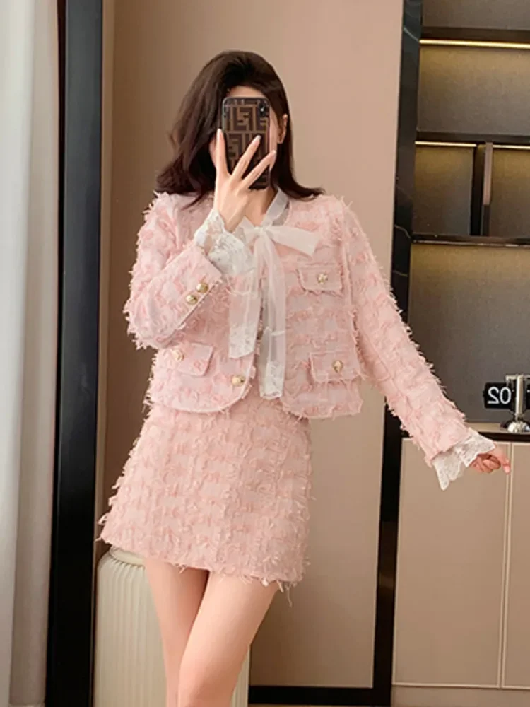 

2023 Autumn High Street Fashion Tassel Skirt Sets Small Fragrance Tweed Two Piece Set Conjuntos Cortos 2 Piece Sets Women Outfit