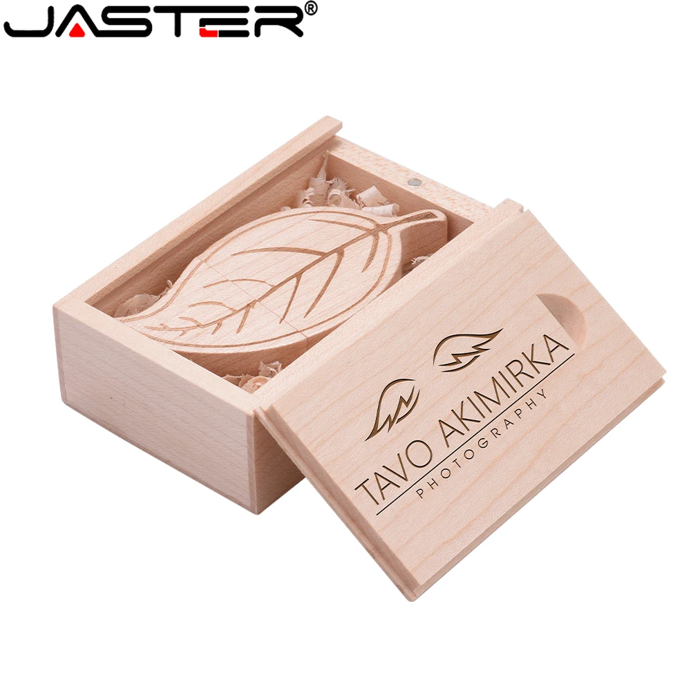 1PCS Free Custom Logo Wooden Leaf USB Flash Drive Memory Stick Wood Box Storage Device Pendrive 16GB 32GB 64GB 128GB Pen Drive