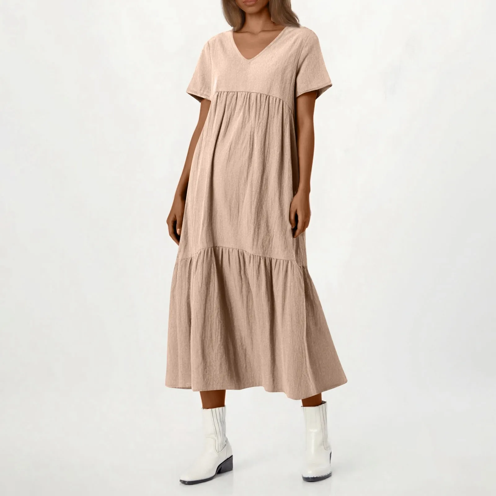 

Летнее платье для женщин больших размеров с V-образным вырезом, короткими рукавами, свободного кроя, однотонное, с пышной юбкой, повседневное и стройнящее, из хлопка и льна.