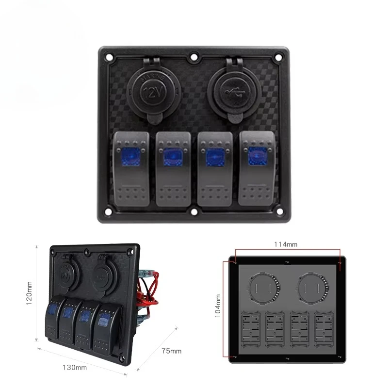 Genuine Marine 12/24V 4 Plastic Board Boat Rocker Switch Panel With Dual USB And Cigarette Lighter