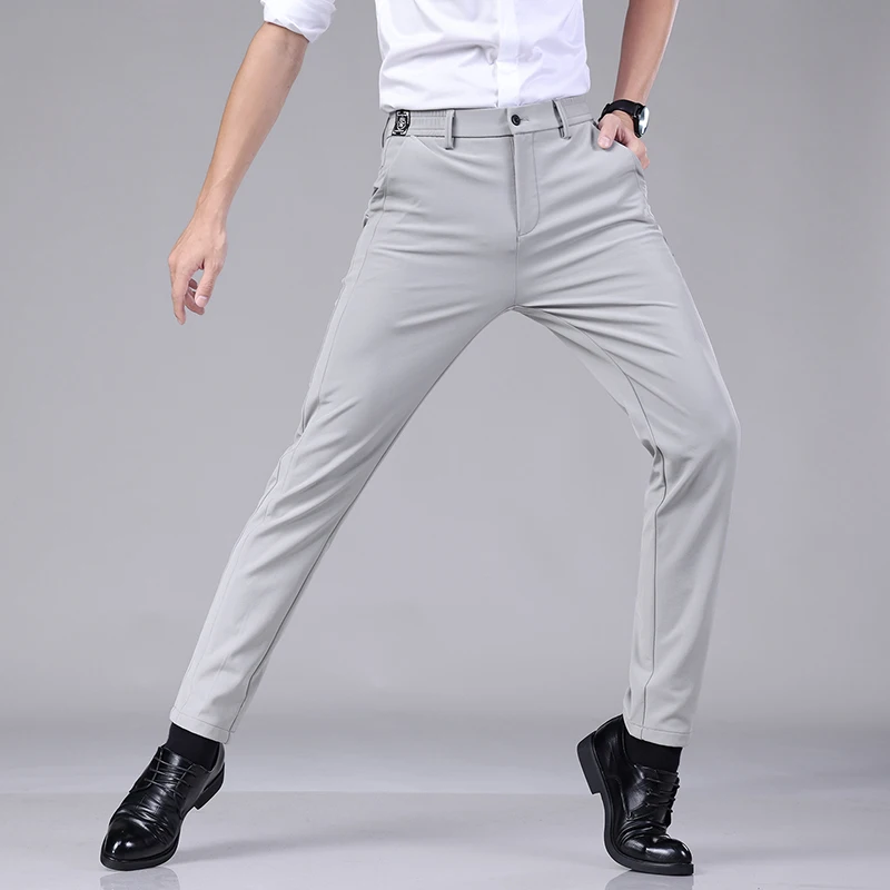 Men's Summer Ice Silk Casual Trousers Ultra-Thin Quick Drying Elastic Slim Straight Leg Solid Color Business Pants Multicolour