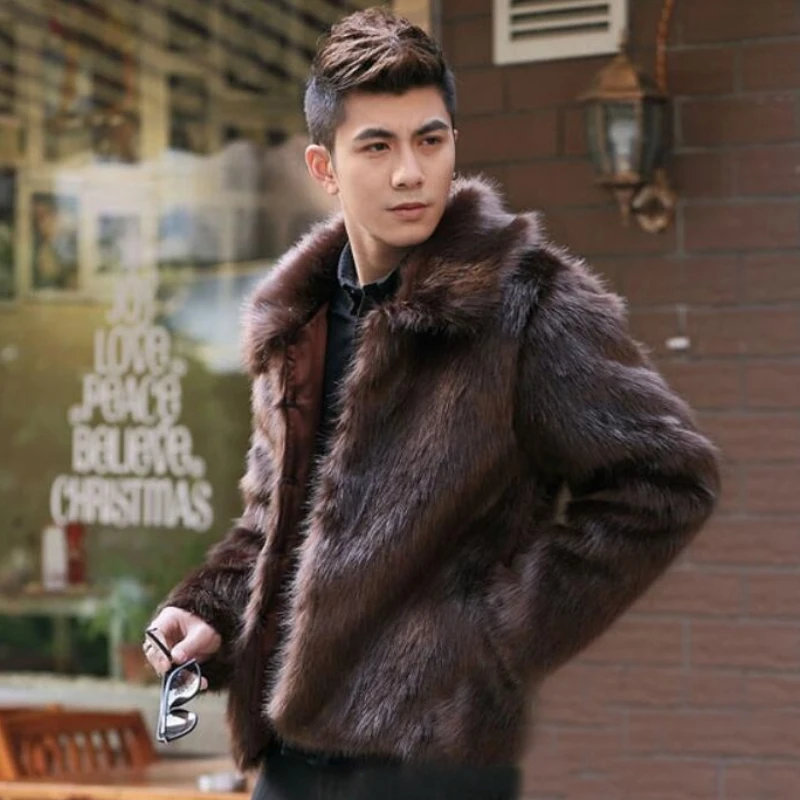 Men's Winter Warm Jacket Fashion Men's Faux Fur Jacket High-end Faux-fox Mink Fur Leather Jacket with Lapel Collar