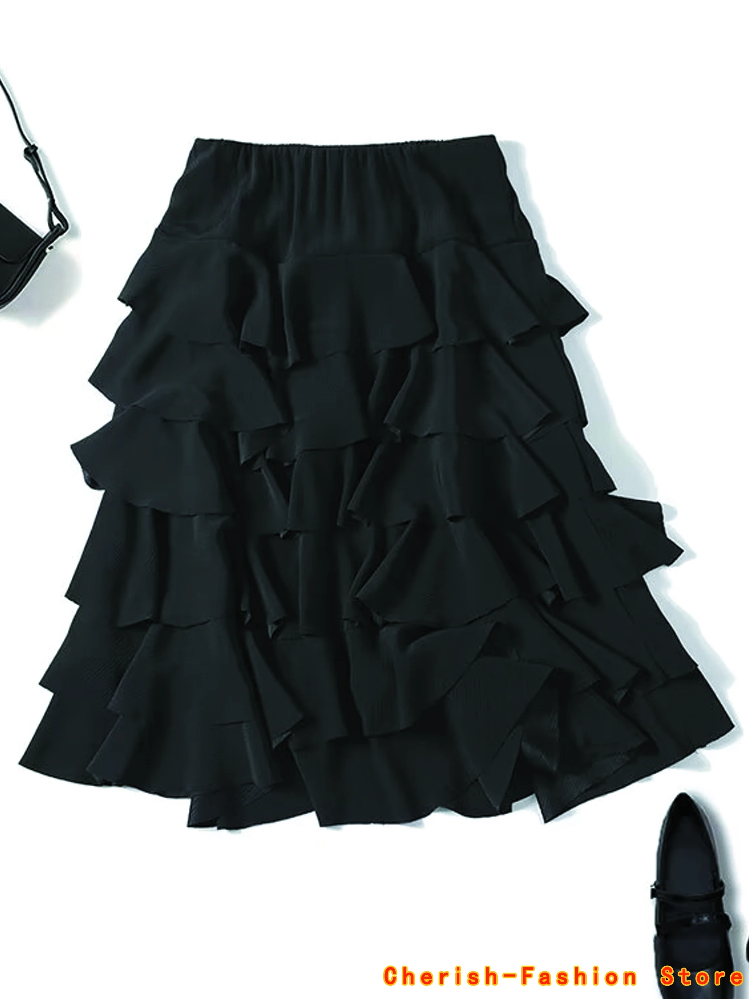 European and American style 2025 summer new women's clothing mid waist design with layered decoration Midi skirt Black Elegant