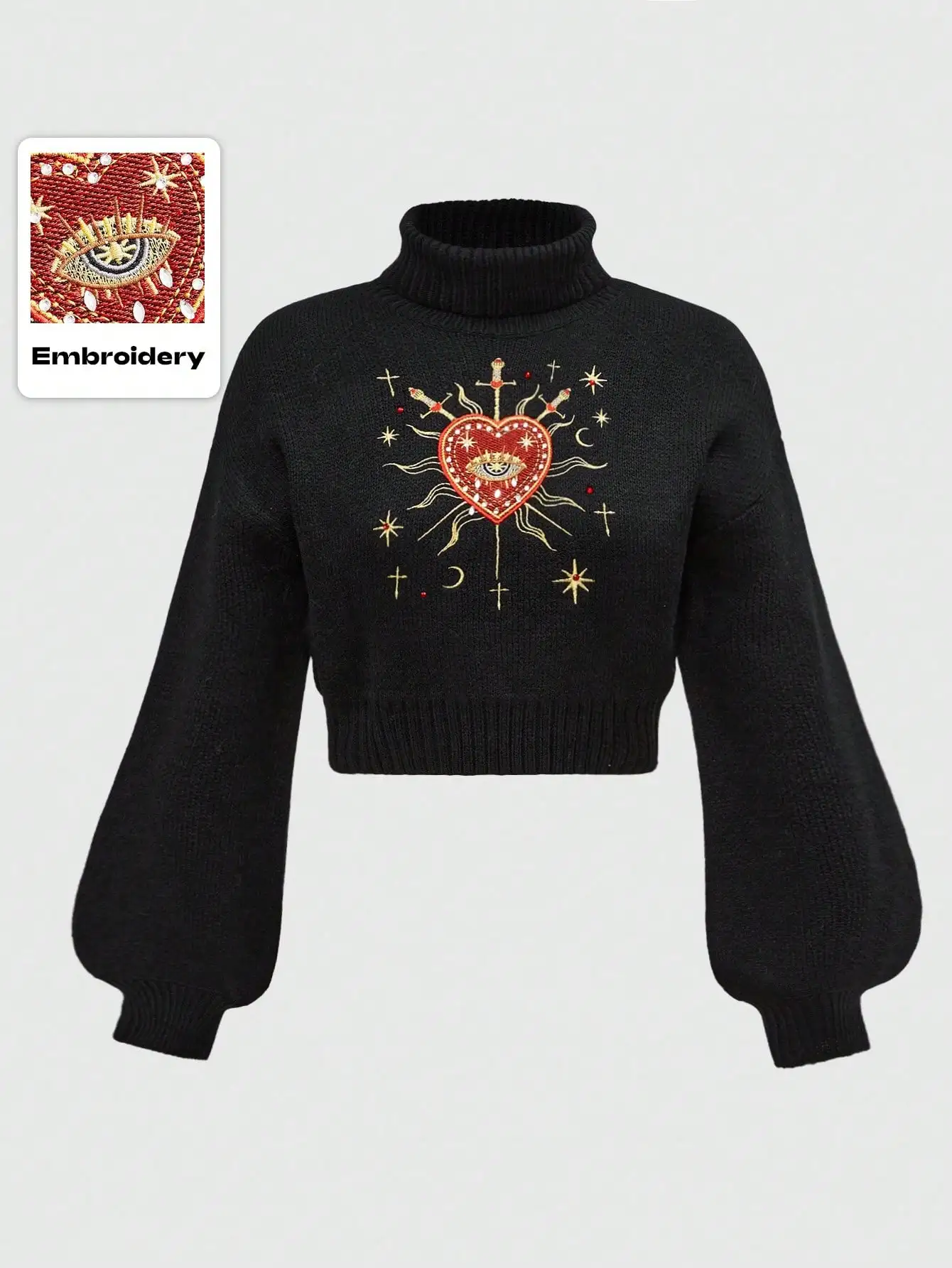 

Black Cropped Turtleneck Sweater with Embroidered Sacred Heart & Celestial Motifs