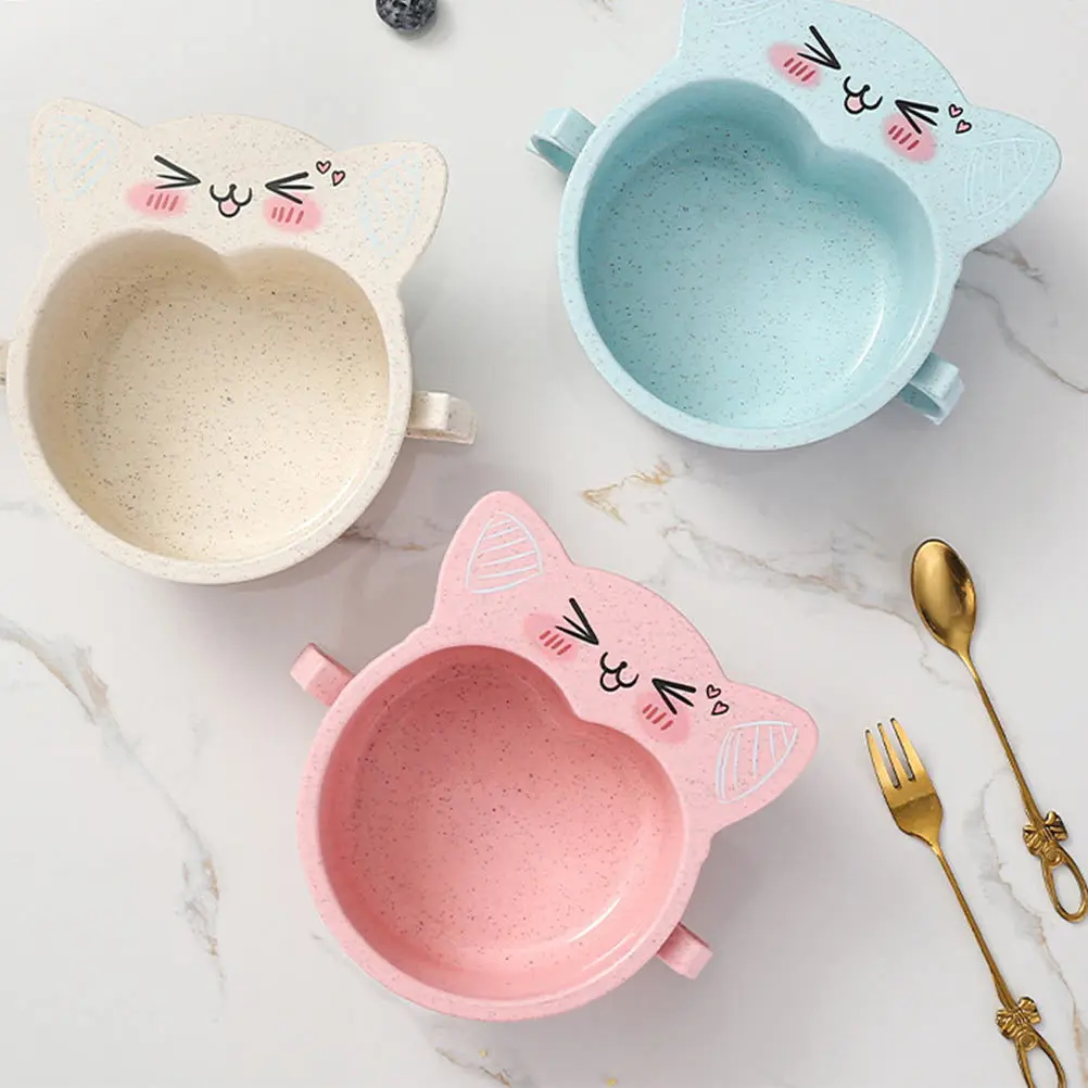 

3pcs Children Complementary Food Bowls Cat Shaped Double Handle Kids Tableware Durable Baby Soup Bowl For Home Outdoor Use