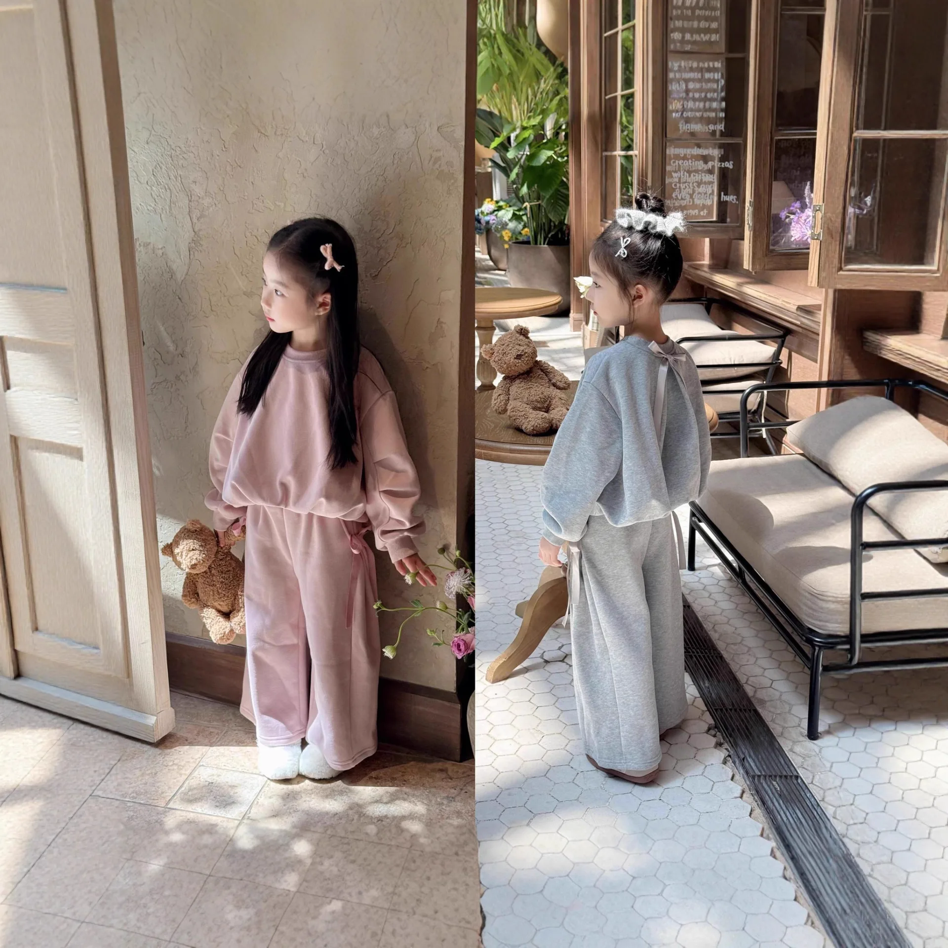 الفتيات الخريف الشتاء الرياضة القوس المخملية مجموعة 2025 جديد الأطفال طفل الفتيات أنيق السراويل واسعة قطعتين مجموعة #1