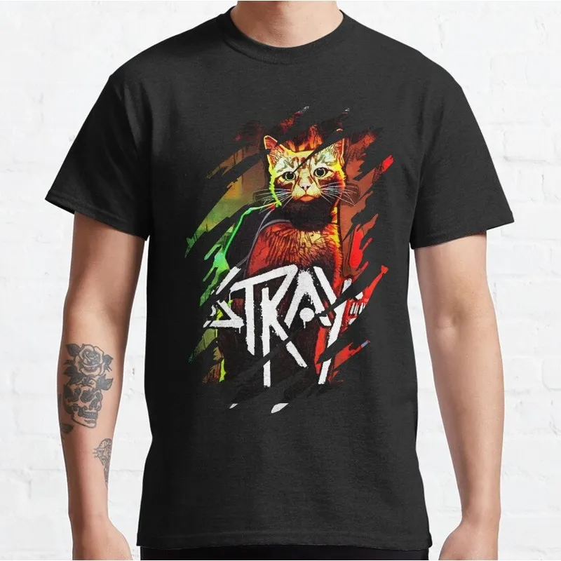 Stray Video Game Cat Graphic T‑Shirt O‑Neck Short Sleeve Unisex Tees Cyberpunk Stray Cat Print Casual Streetwear For Gamer Fans