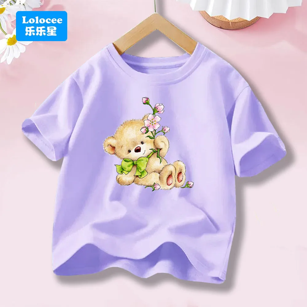 

Cute Bear Print Crew Neck Tops Girls' Short Sleeve Cartoon Fashion T-shirt Kawaii Kids Clothing XNH1