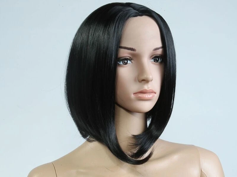 Wig hitam pendek wanita, pesta Cosplay aman panas sintetis lurus