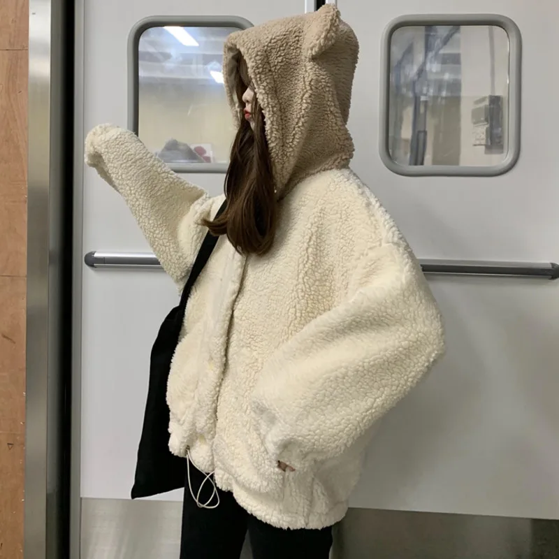 2024 Autumn Women Button Up Hoodies Kawaii Bear Ears Hooded Casual Pocket Hoody Warm Cute Plush Fleece Drawstring Sweatshirt