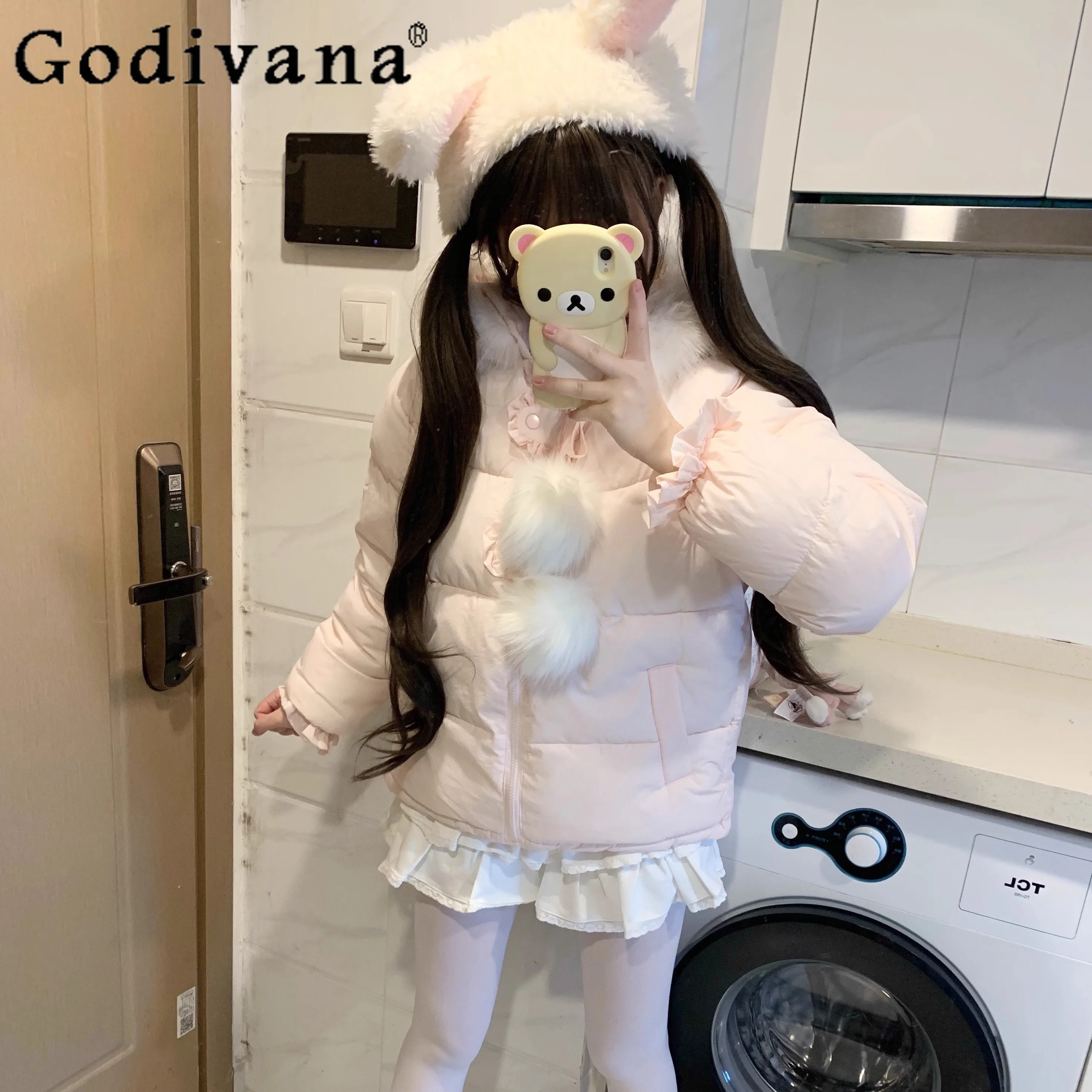

Japanese Soft Girls Lolita Pink Down Parkas Winter New 2025 Girls Sweet Kawaii Hooded Parkas Women's Y2k Warm Thickened Jacket