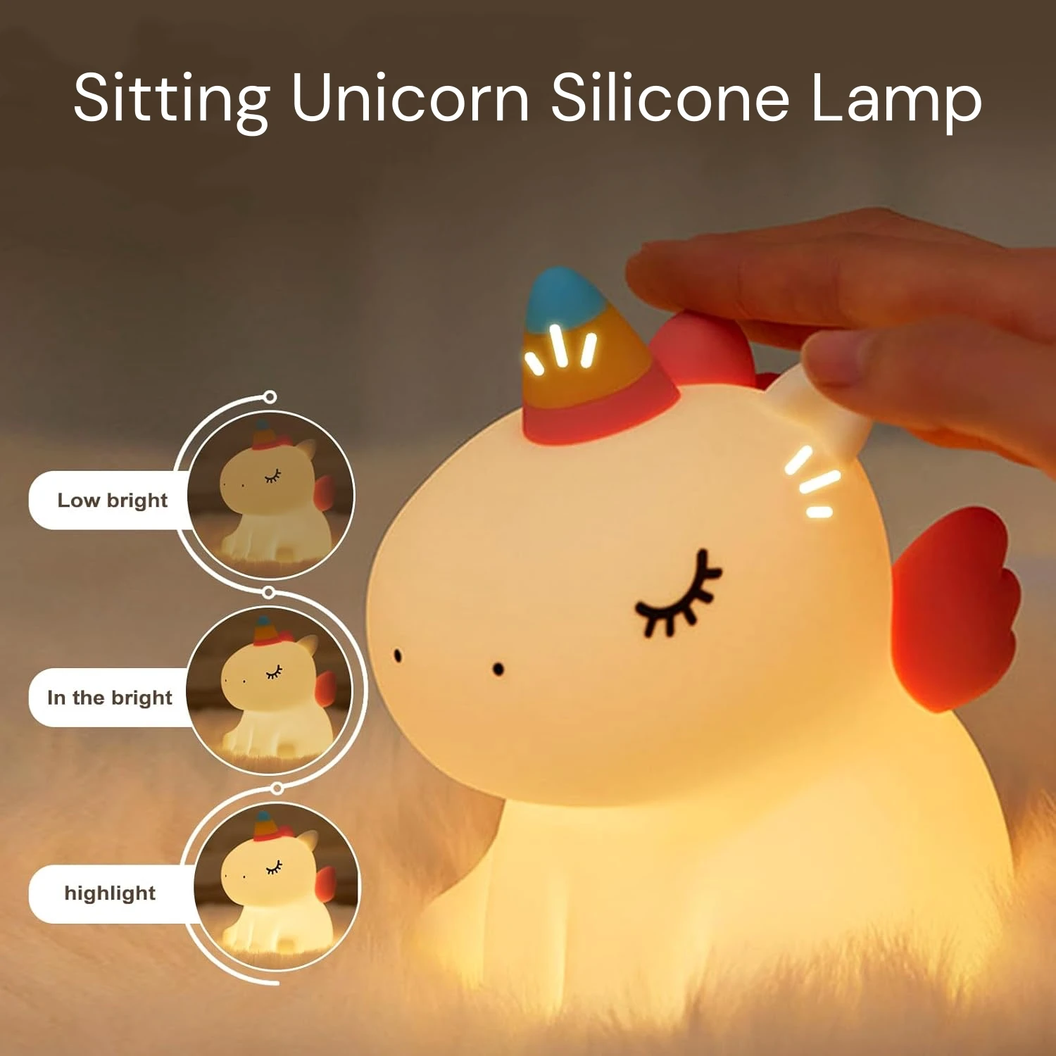 Unicorn Silicone Tap Night Light A007 Cute Rechargeable LED Touch Lamp 3 Brightness Levels Sleep Timer Bedside Kids Gift