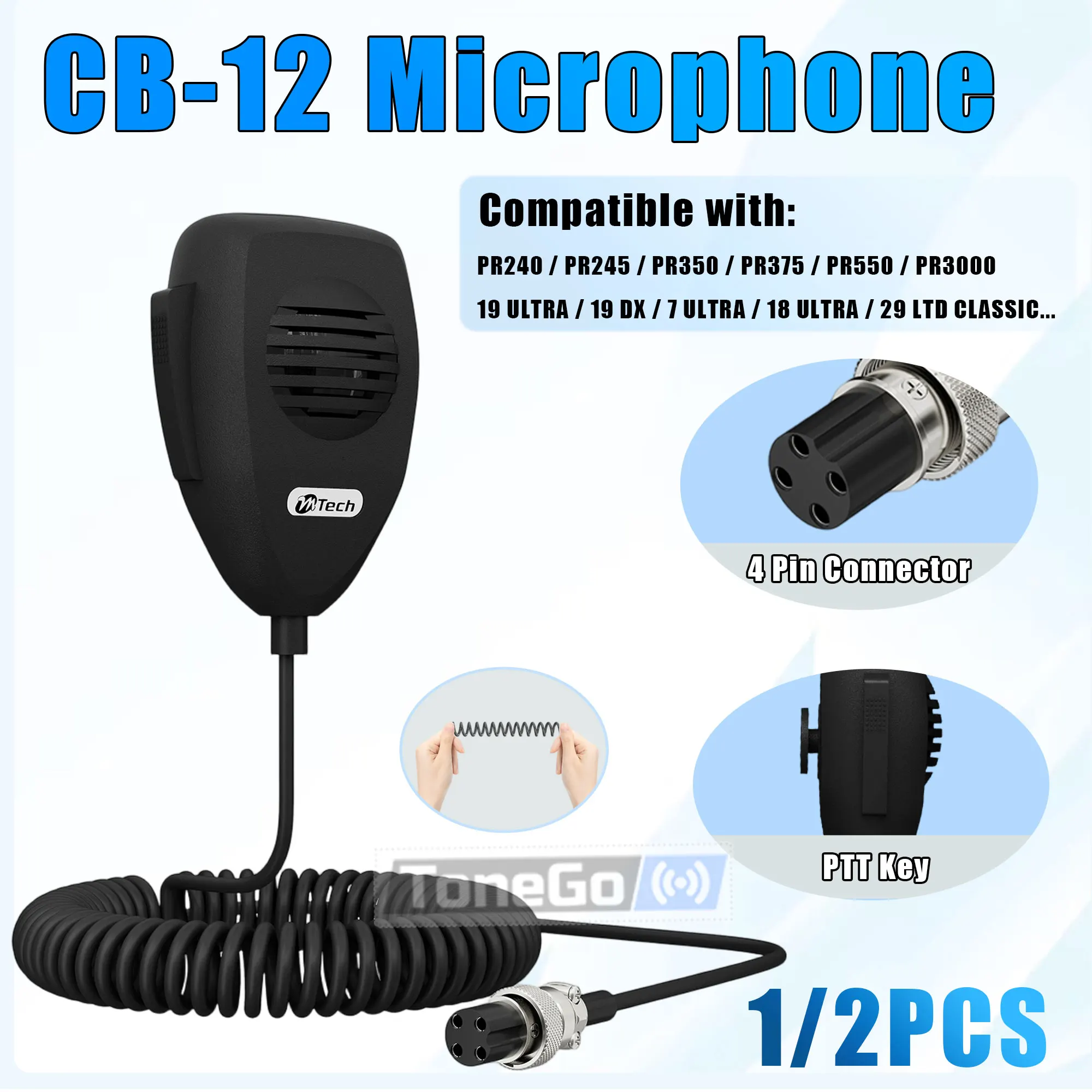 Microfone Walkie Talkie CB-12 PTT com Conector de 4 Pinos, Microfone de Rádio Compatível com Uniden Galaxy Cobra PR240 7 ULTRA