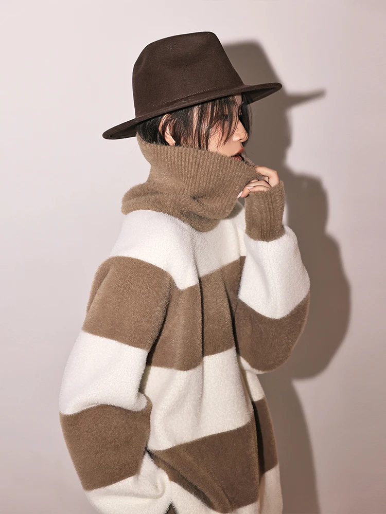 

Fre up Lazy Sle Striped High Collar Women's Sweater Soft Cozy Autumn Winter New Arrival Straight Tube ape Polyester 00%