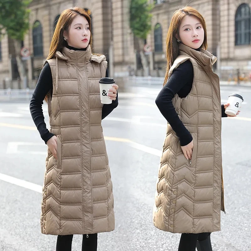 2024 New Korean Vests Sleeveless Coat Women Autumn Winter Hooded Cotton Waistcoat Puffer Parkas Long Warm Down Cotton Outwear