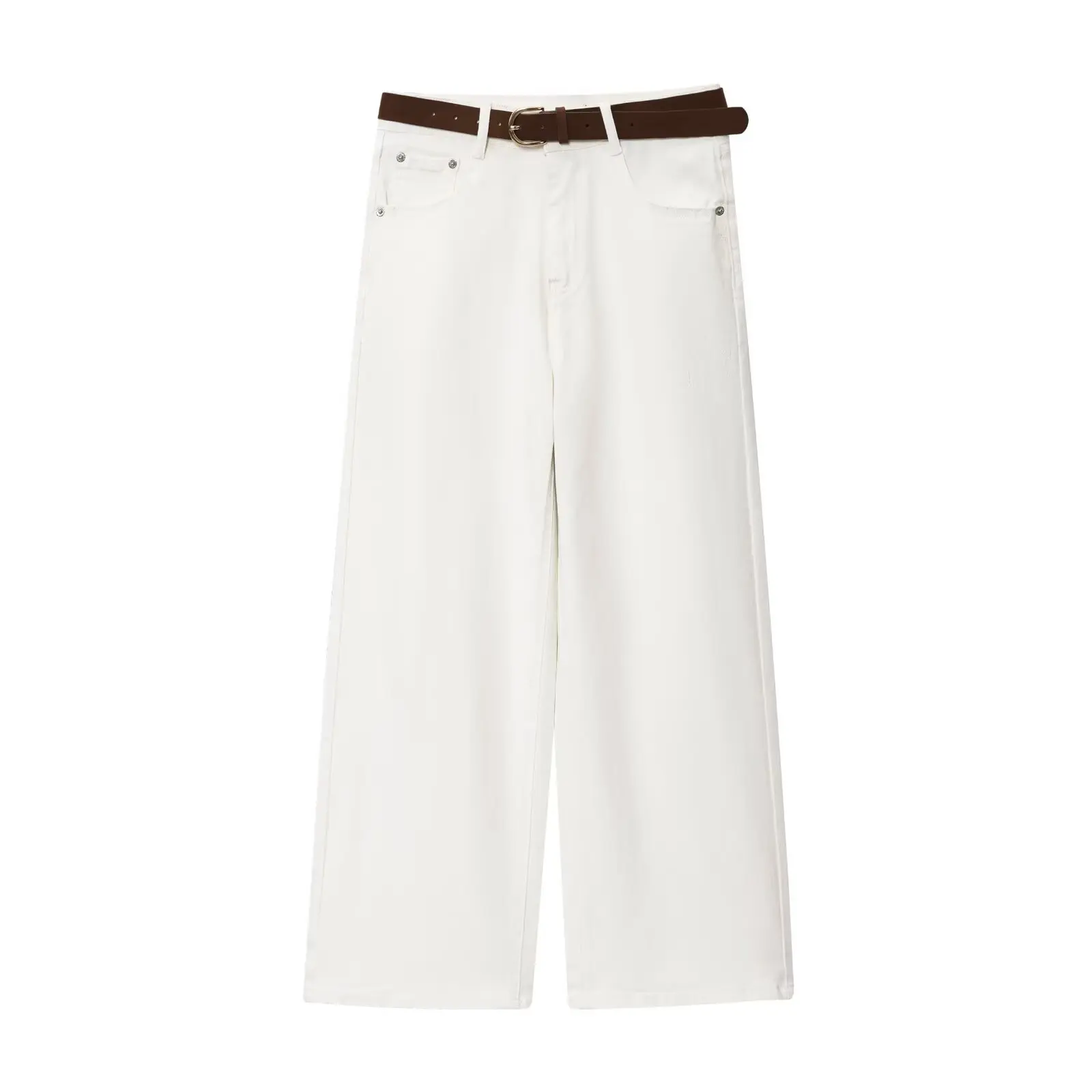 

MYST&ZA Women's Summer New Style with Belt Decoration Casual Loose White High Waist Wide Leg Cowboy Nine Leg Pants