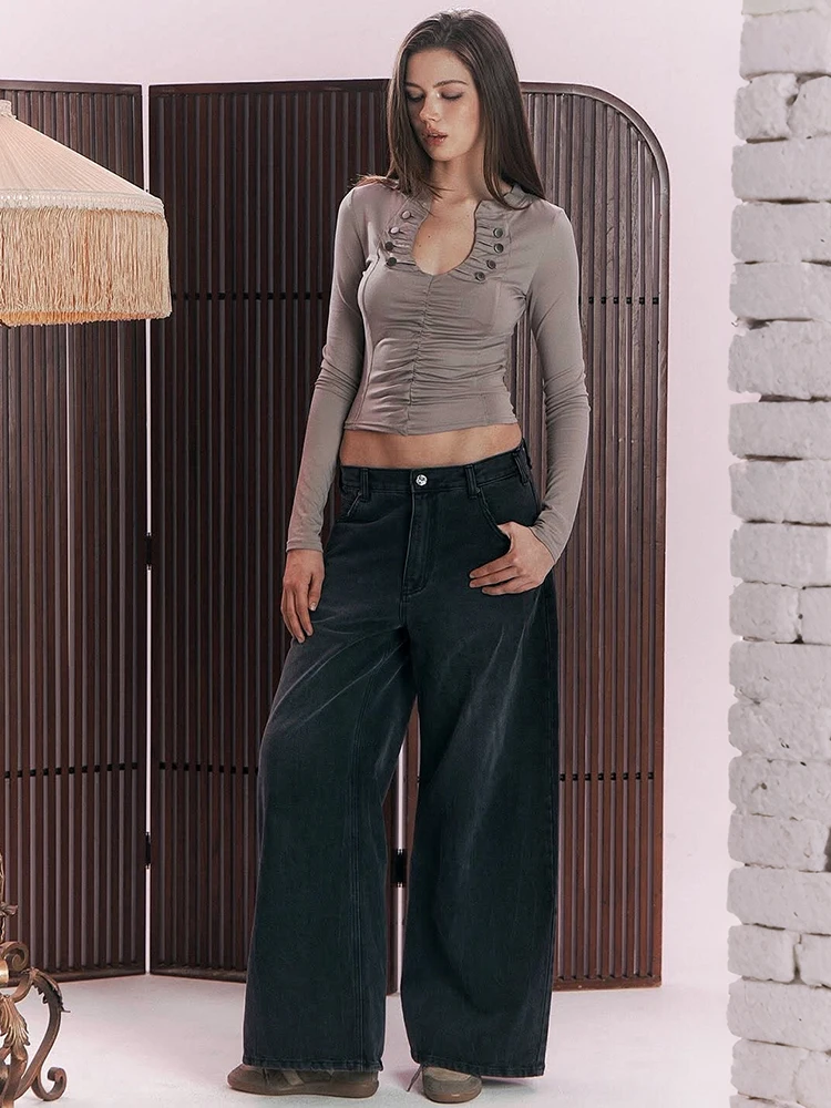 Weird Puss Button Dekoration Crop Tops Damen Langarm U-Ausschnitt Falten Skinny Hohe Elastizität Herbstmode Klassische Streetwear – Detail 3