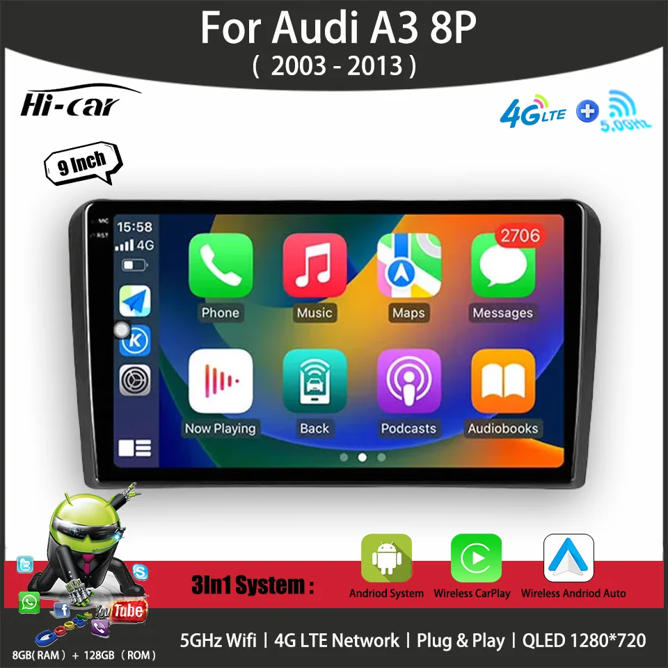 راديو السيارة لأودي A3 8P 2003 - 2013 الوسائط المتعددة نظام تحديد المواقع autoradio 4G WIFI DSP 8G + 128G 2 Din أندرويد 13 مشغل Carplay الوسائط المتعددة