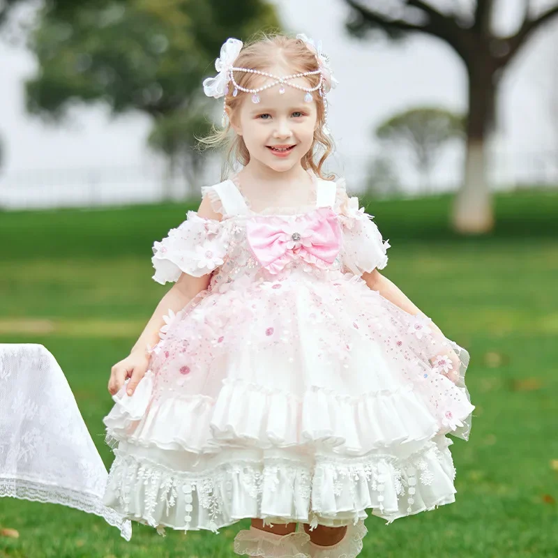 High-end Spanish Vintage Lolita Princess Ball Gown Lace Bow Stitching Birthday Baptism Easter Eid Party Dresses for Girls