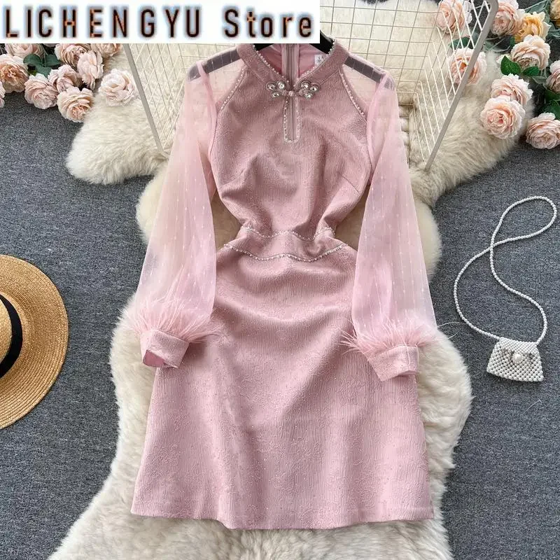 

New Sweet Style Women's Dress Embroidered Fungus Diamonds Burr Patchwork High Waist Vestidos Winter Spring