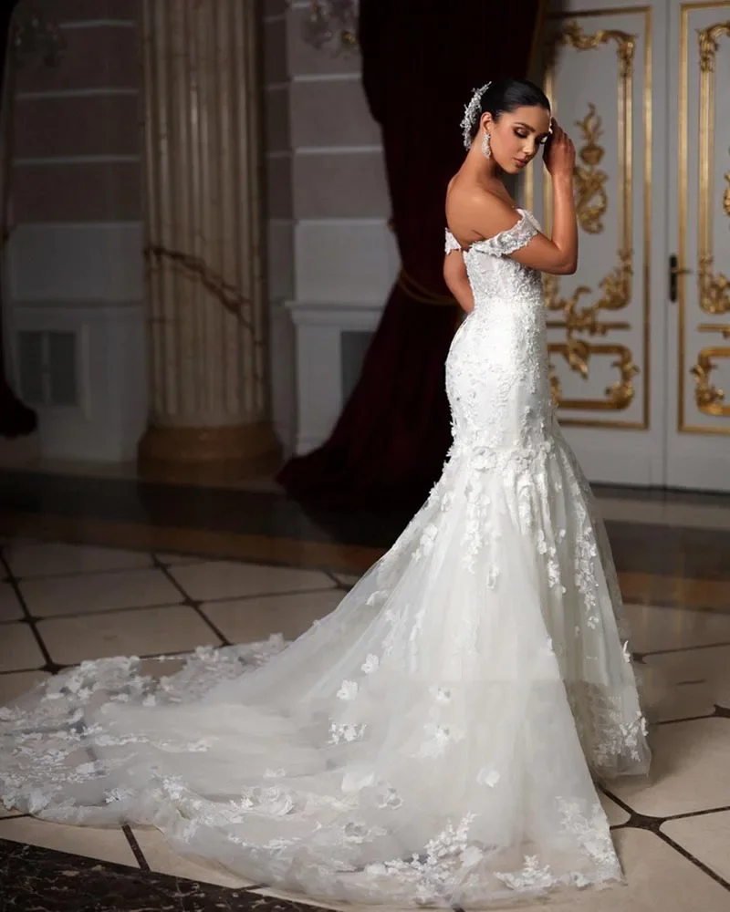 Flavinke مخصص ستة قبالة الكتف الحبيب الرقبة اللؤلؤ يزين الدانتيل زهرة حورية البحر فساتين الزفاف Vestido De Noiva