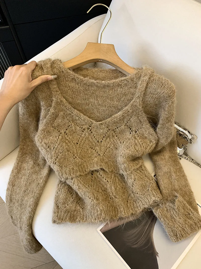 Свободный полый вязаный свитер в ленивом стиле, комплект из двух предметов, топ для женщин, новинка осени/зимы 2025 г.