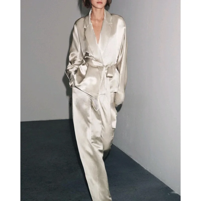 

Костюм с шелковой атласной текстурой Jaet, широкие брюки, длинный све, повседневный осенний комплект Faion для женщин, комплект из двух предметов