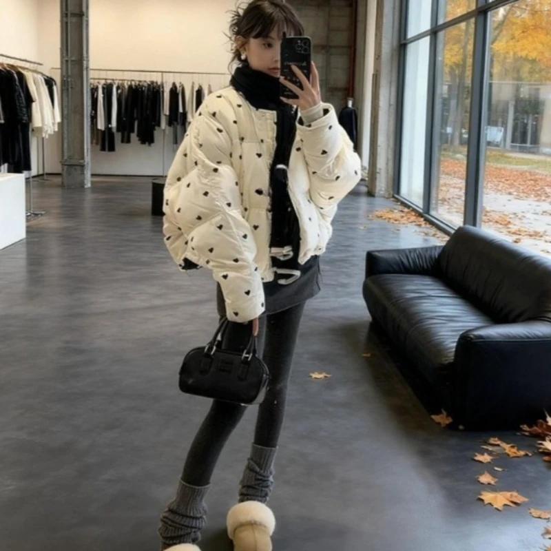 شتاء جديد متعدد الاستخدامات الحد من العمر سترة فضفاضة متعددة الاستخدامات الكورية موضة الحب طباعة الوقوف طوق سميكة الملابس القطنية الدافئة #3