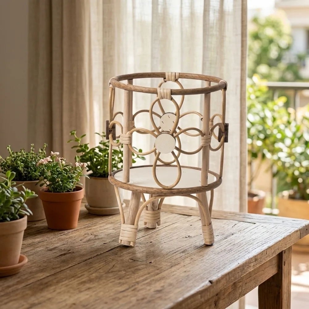 Boho Floor Stand Rattan Plant Stand Handmade Woven Design For Potted Plants Lightweight Decorative Plant Stand
