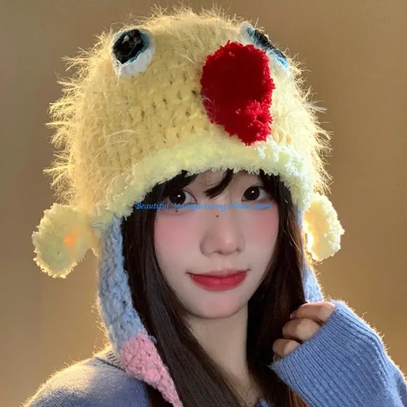 

E56A Furry Duck Head Cover with Earflaps for Outdoor Activity Furry Knitted Hat