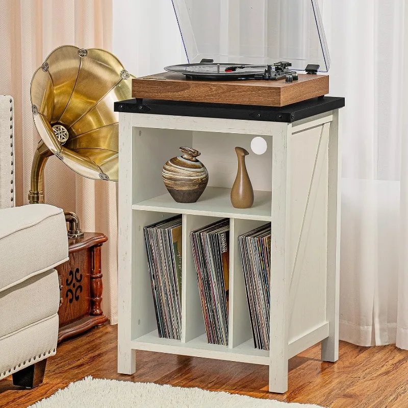 Record Player Stand with Vinyl Record Storage,White Record Player Table Holds up to 160 Albums,Large Wood Turntable