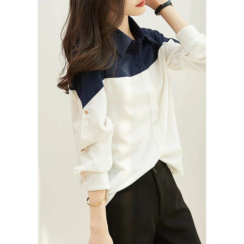 Spring Autumn Polo-neck Elegant Fashion Patchwork Shirt Women Loose Casual All-match Buttons Top Women Cardigan Blouse