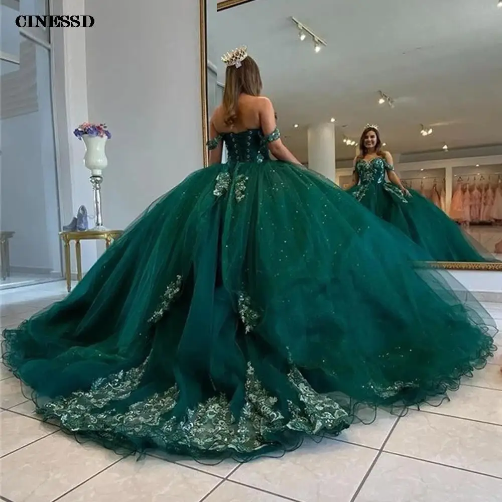 

Green Off The Shoulder Ball Gown Puffy Sweet 16 Dress Beaded Quinceanera Dresses Lace Up Back 15 Year Party Gown