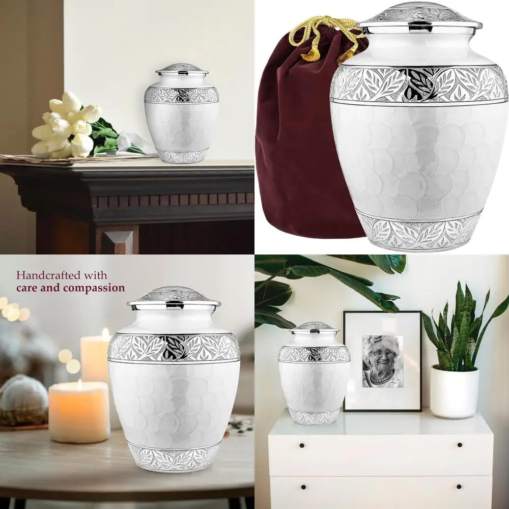 

Engraved Pearl Urn for Women's Ashes, Silver-Lined White Cremation Urn for Men